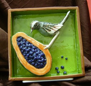 Cactus Wren on a Papaya ceramic shadow box.