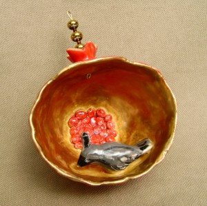 Ceramic "pinch pot" Pomegranate Ornament with quail