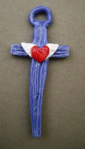 small ceramic red, white and blue cross with winged heart pendant/ ornament