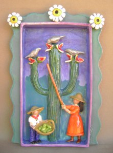 Desert Harvesting Ceramic Shadow Box Collecting fruit from Saguaro Cactus
